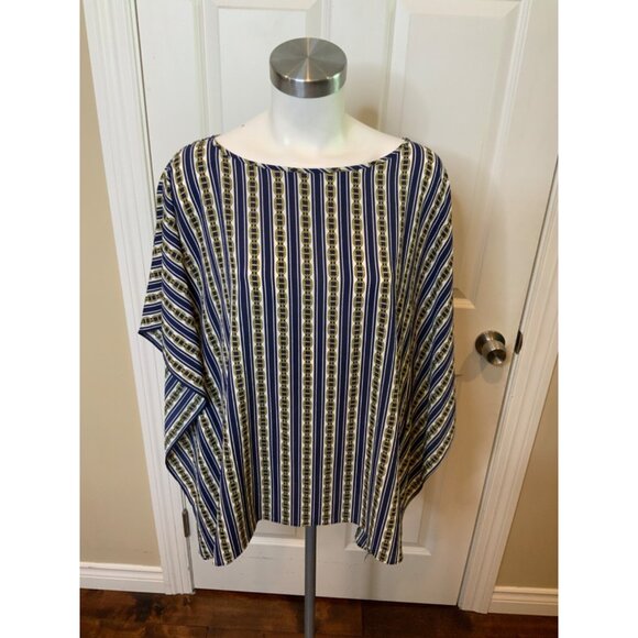 Michael Kors Navy Blue White Striped & Gold Chain Patterned Top, Size S/M - Picture 1 of 5